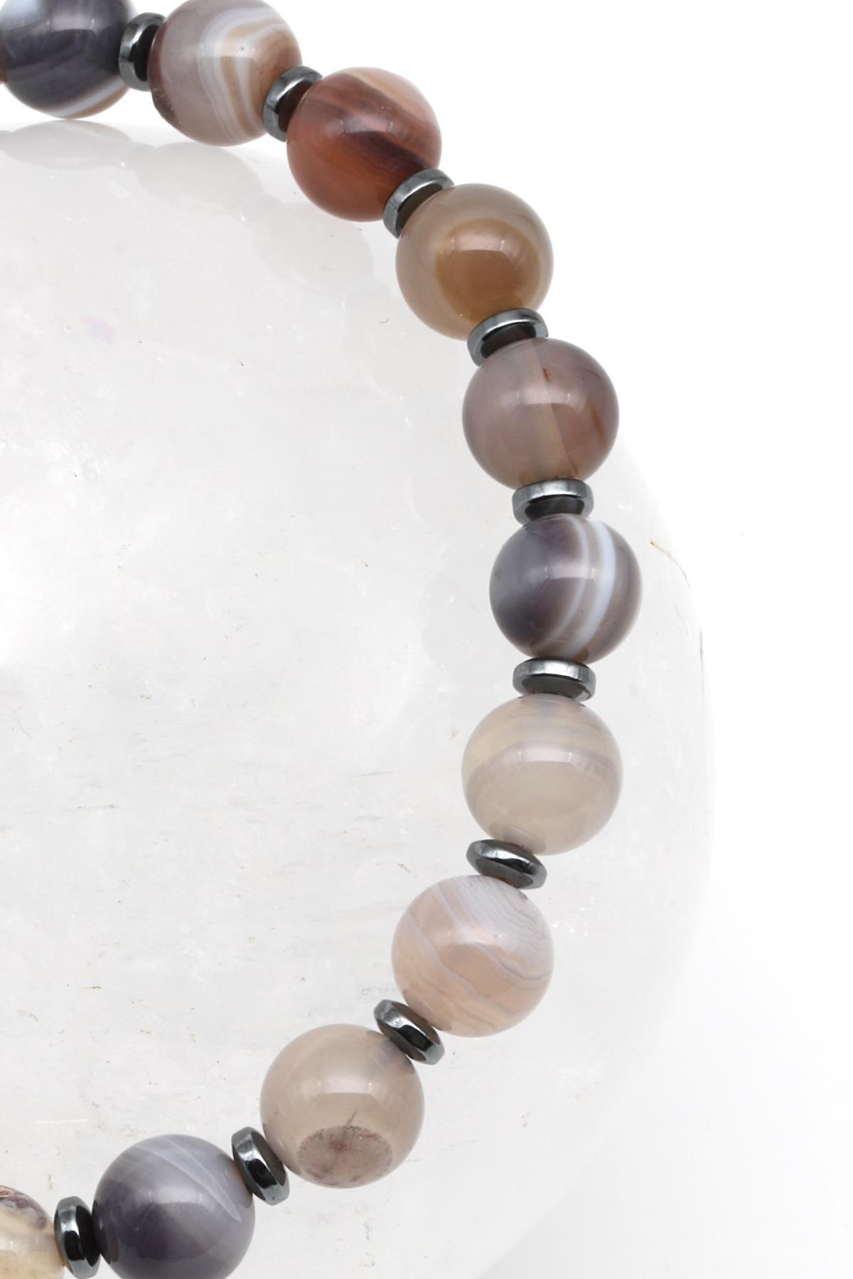 Botswana Akik - Hematit Doğal Taş Makrome Örme Bileklik Küre Kesim