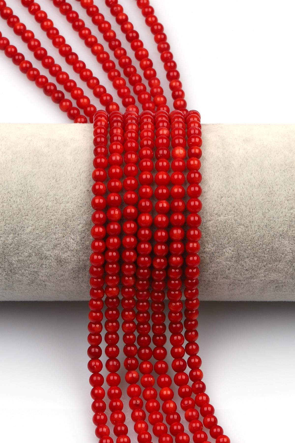 Boyalı Kırmızı Mercan Doğal Taş Dizi 4 mm Küre Kesim