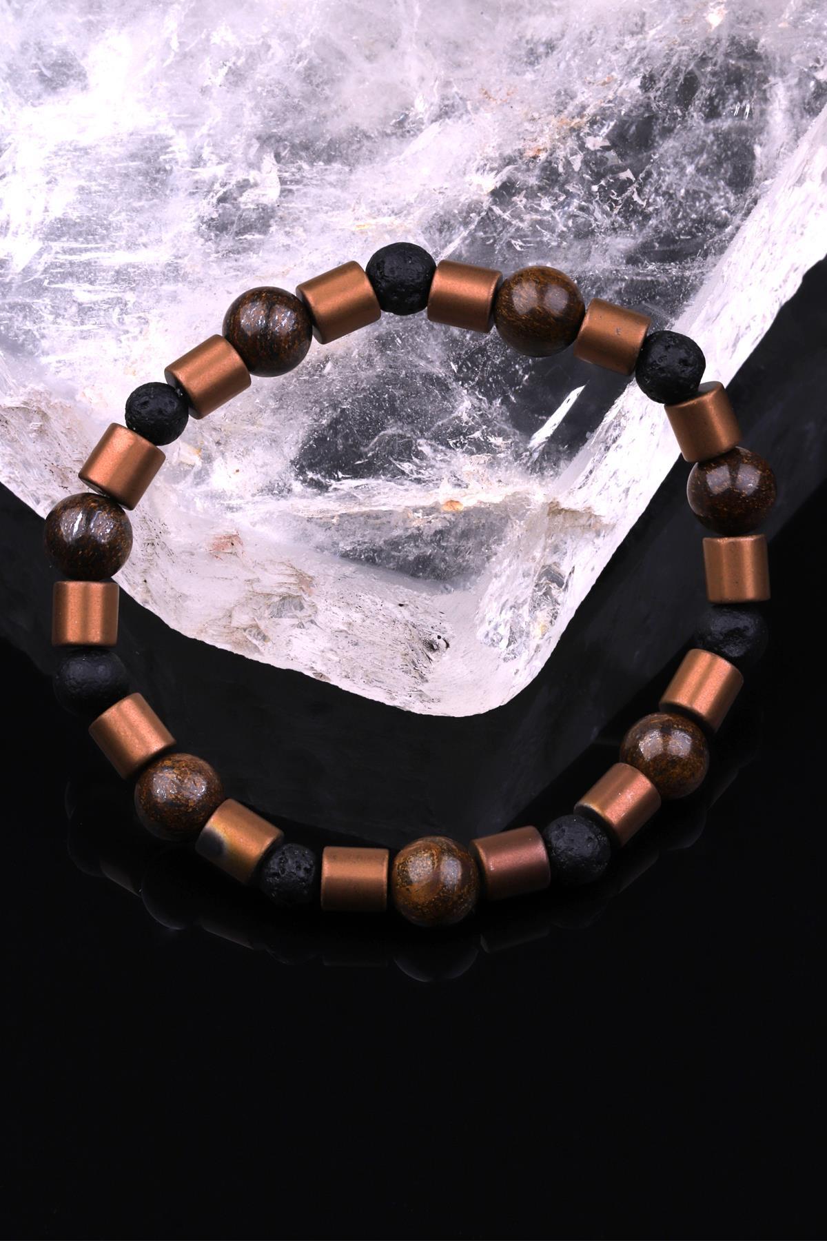 Bronzit - Hematit - Lav Doğal Taş Tasarım Bileklik 