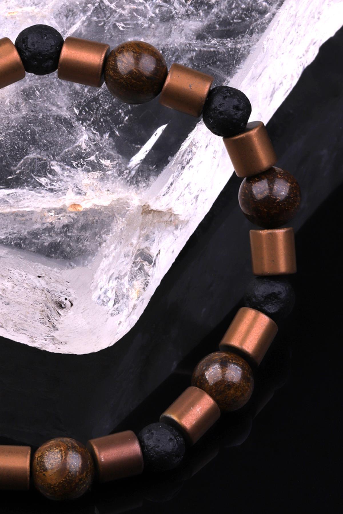 Bronzit - Hematit - Lav Doğal Taş Tasarım Bileklik 