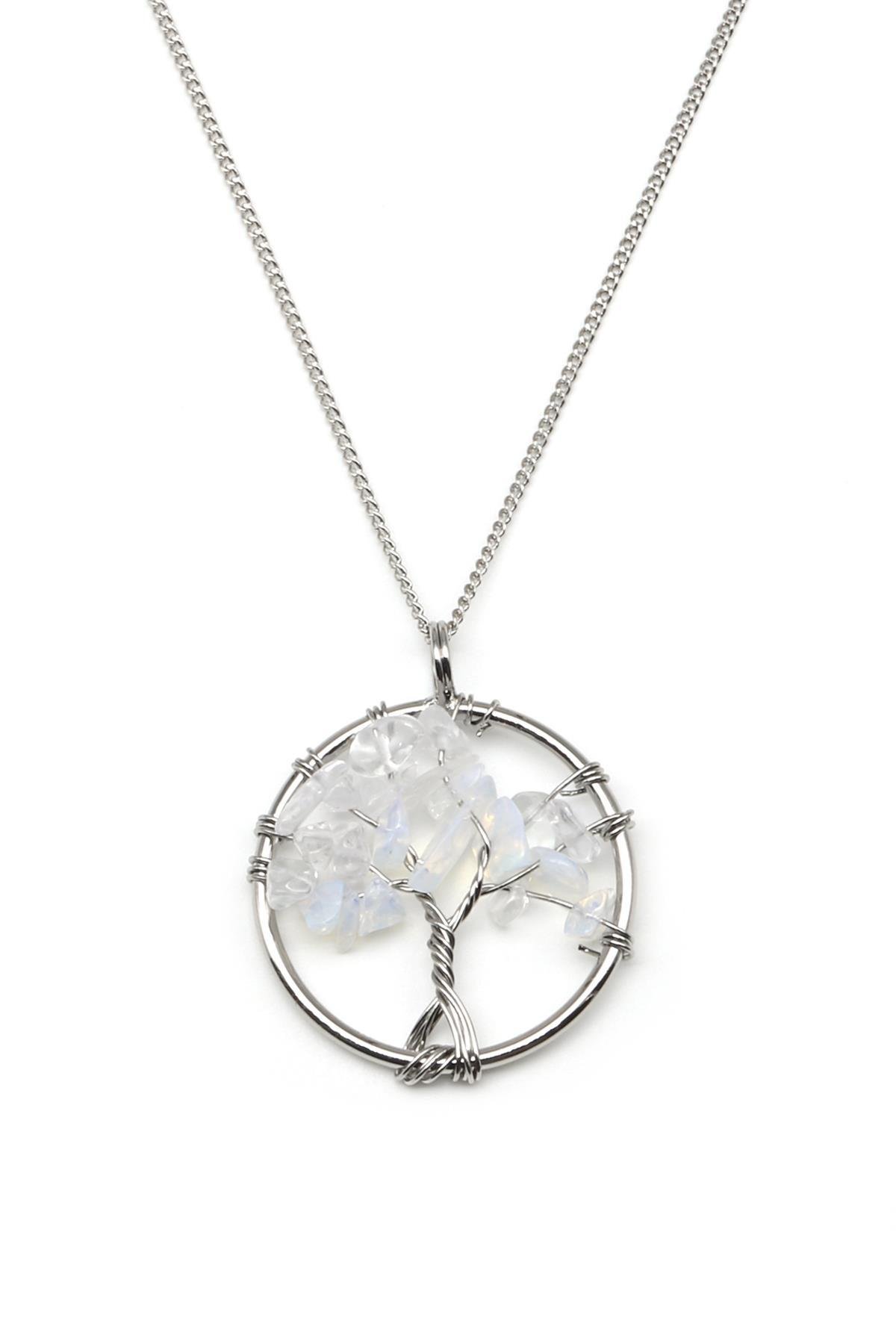 Cam Opal Doğal Taş Tel Sarmalı Hayat Ağacı Kolye