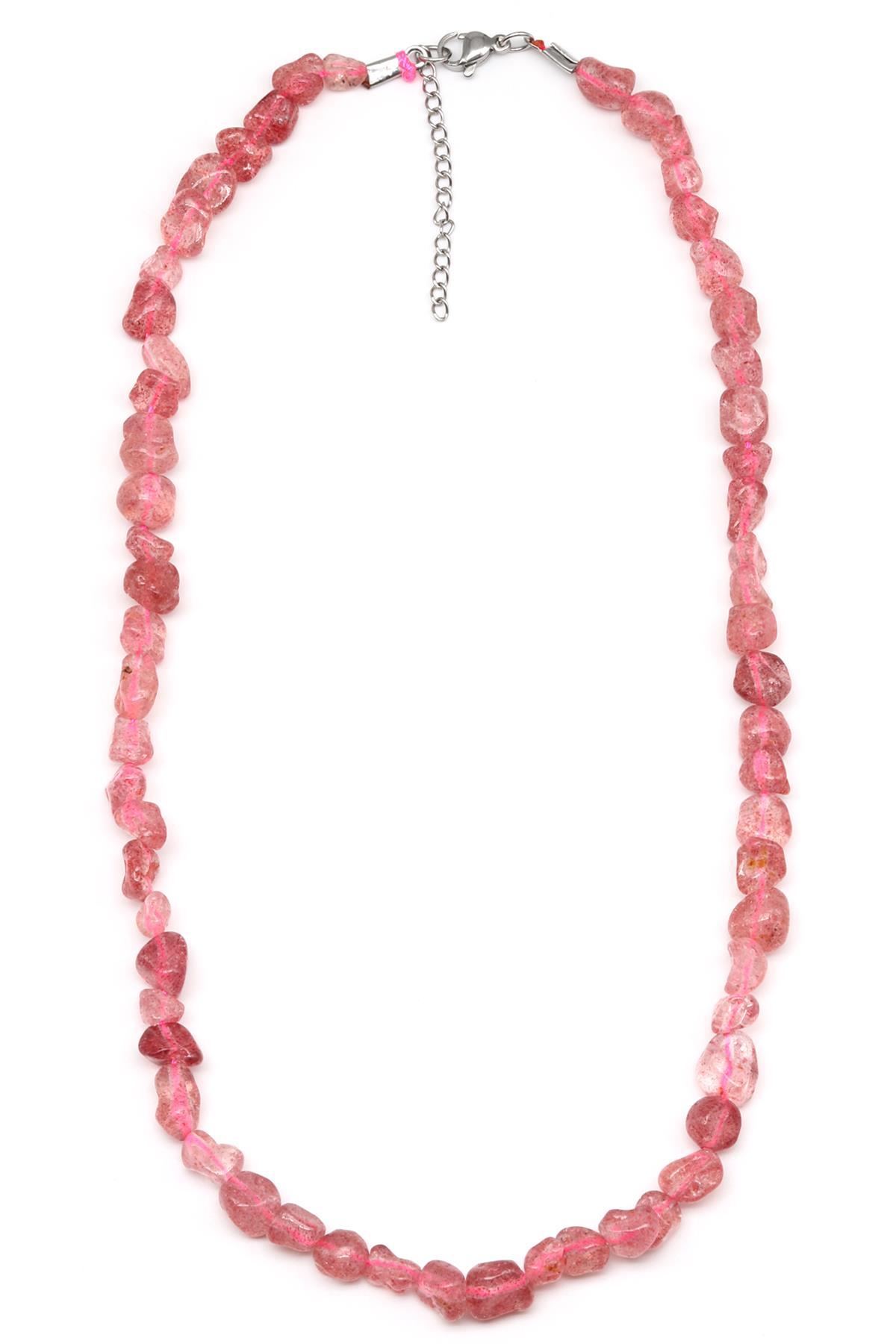 Çilek Kuvars ( Çelik Klipsli ) Doğal Taş Kolye Mercimek Kesim