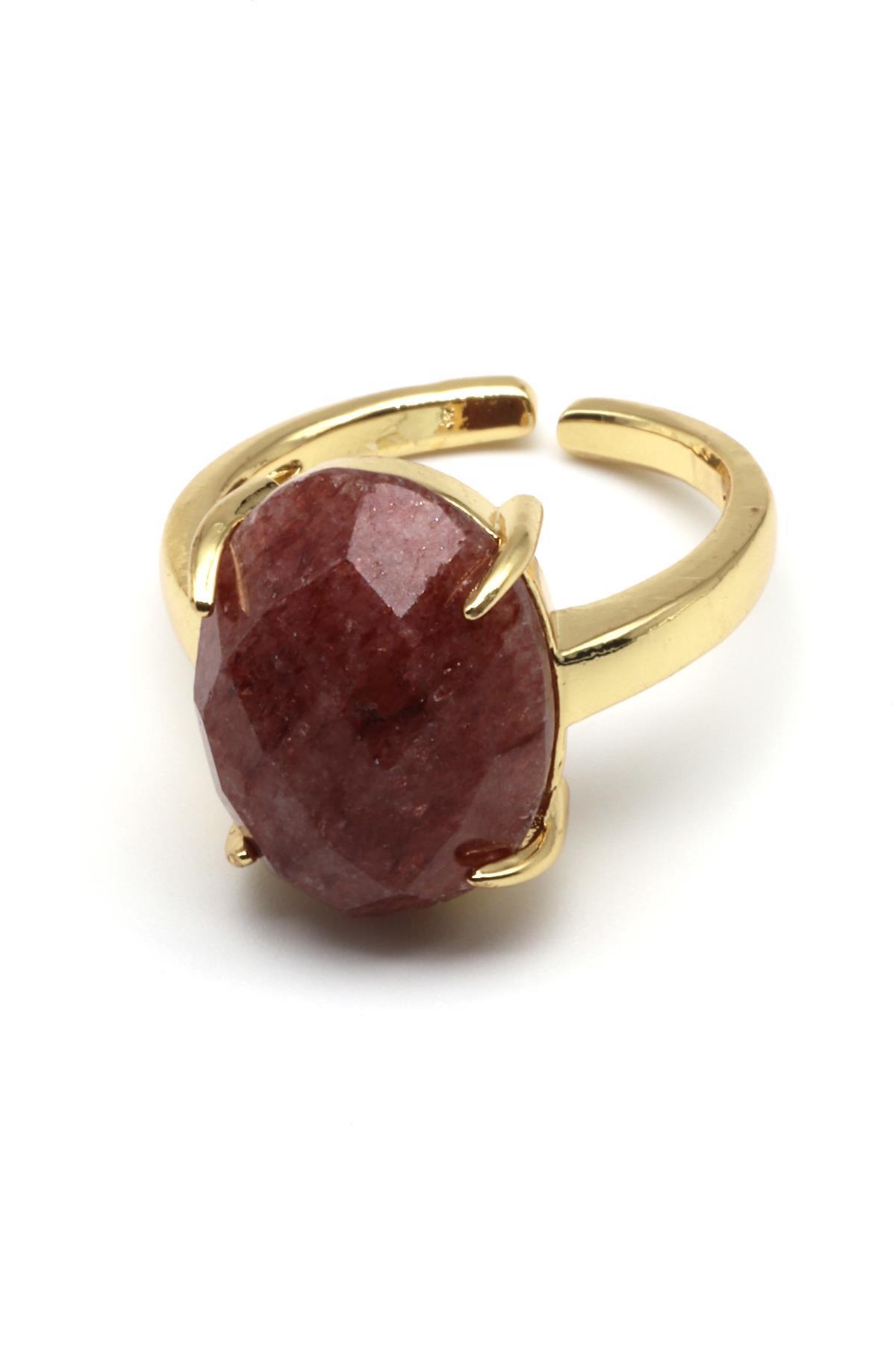 Çilek Kuvars Doğal Taş Gold Renk Ayarlanabilir Yüzük