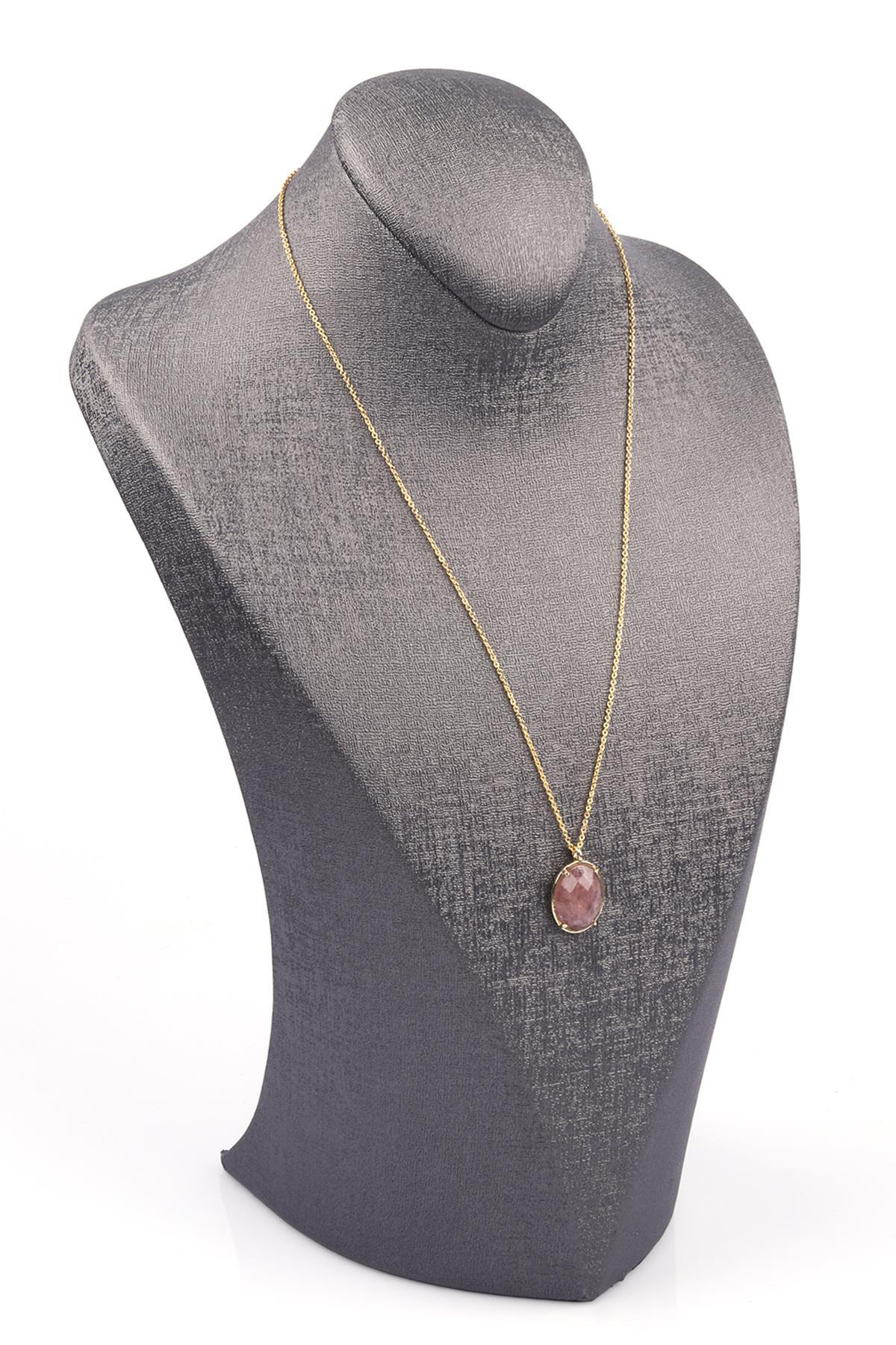 Çilek Kuvars Doğal Taş Gold Renkli Kolye