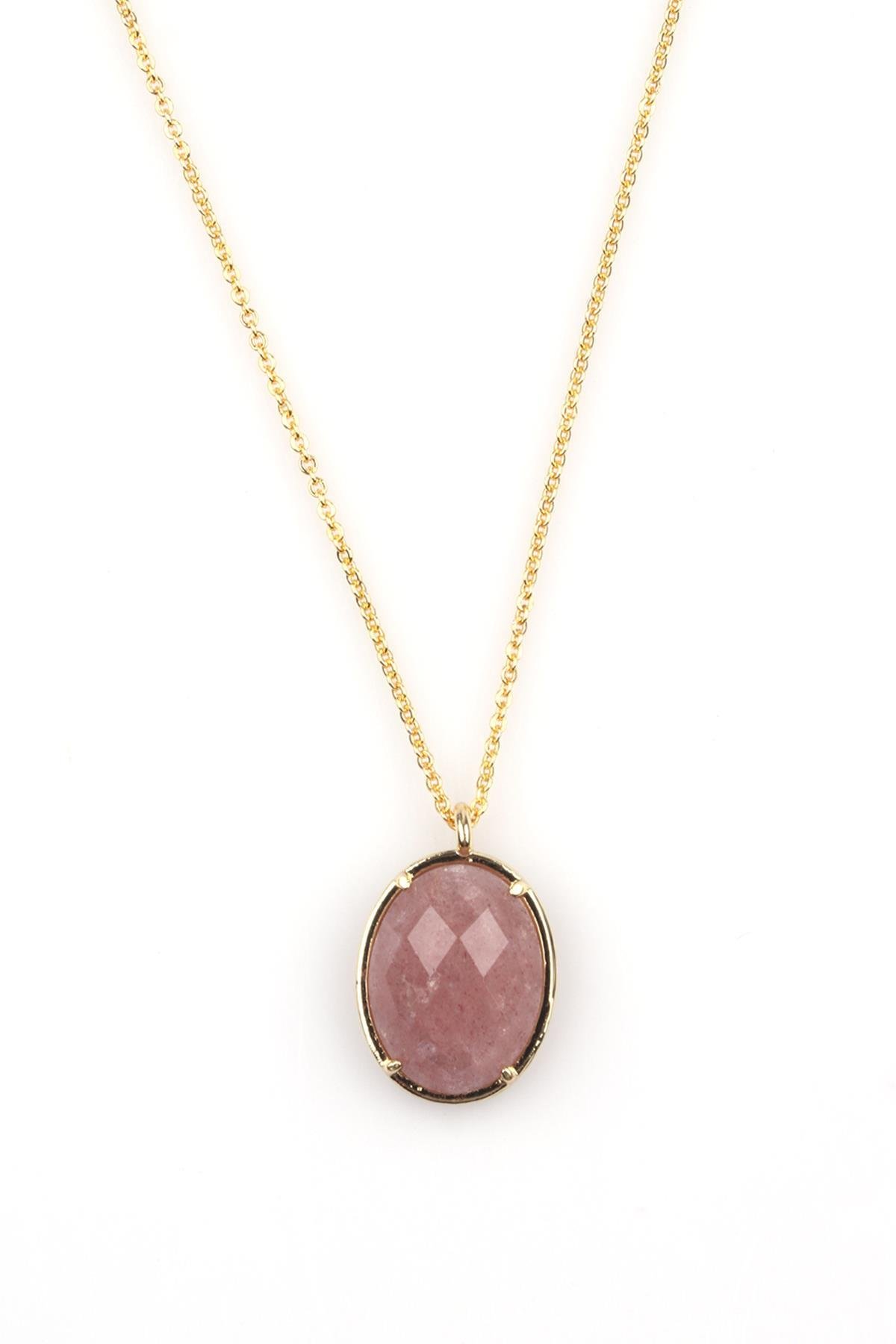 Çilek Kuvars Doğal Taş Gold Renkli Kolye