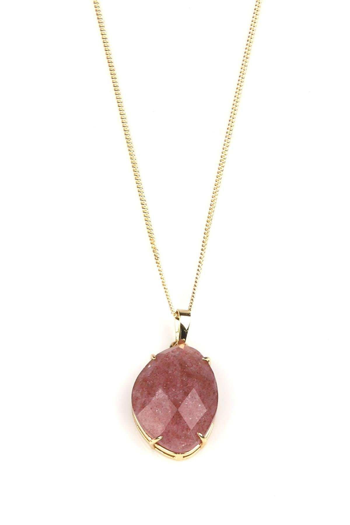 Çilek Kuvars Doğal Taş Gold Renkli Kolye