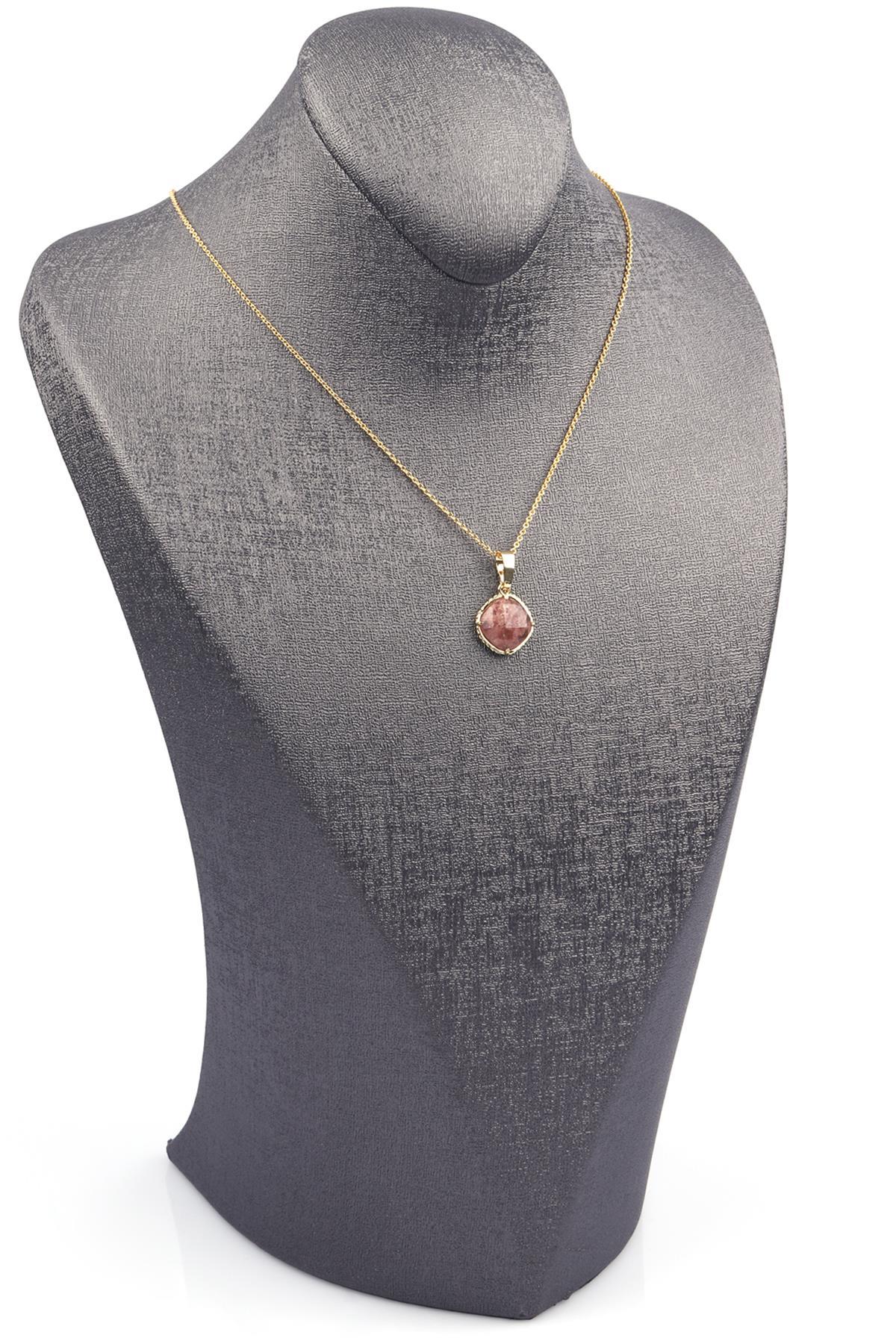 Çilek Kuvars Doğal Taş Gold Renkli Kolye