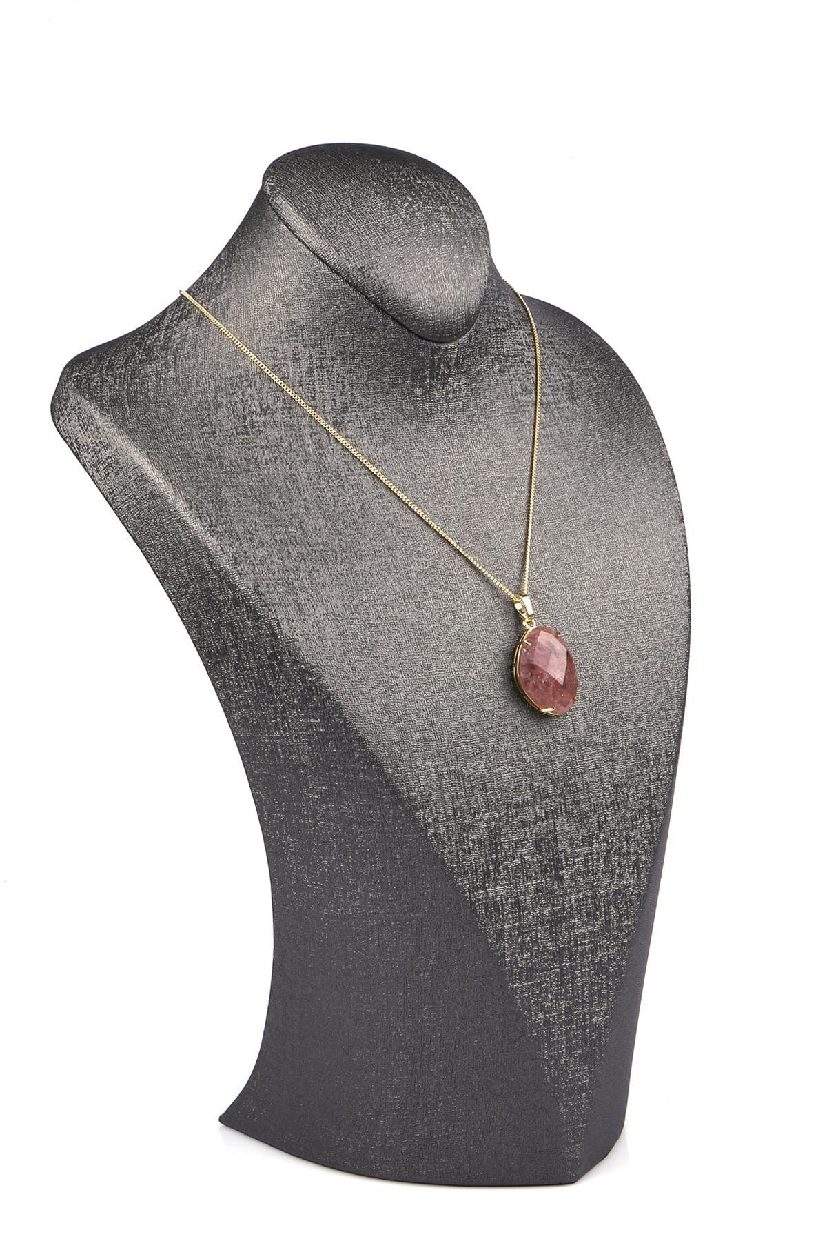 Çilek Kuvars Doğal Taş Gold Renkli Kolye