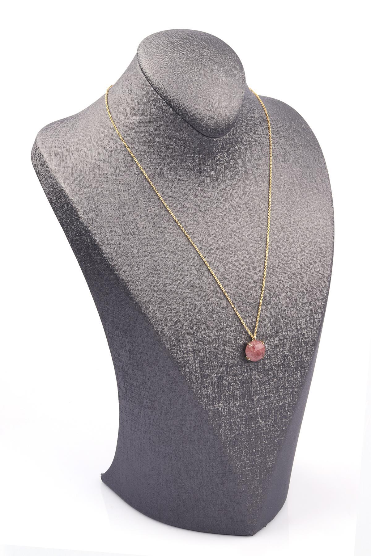 Çilek Kuvars Doğal Taş Gold Renkli Kolye