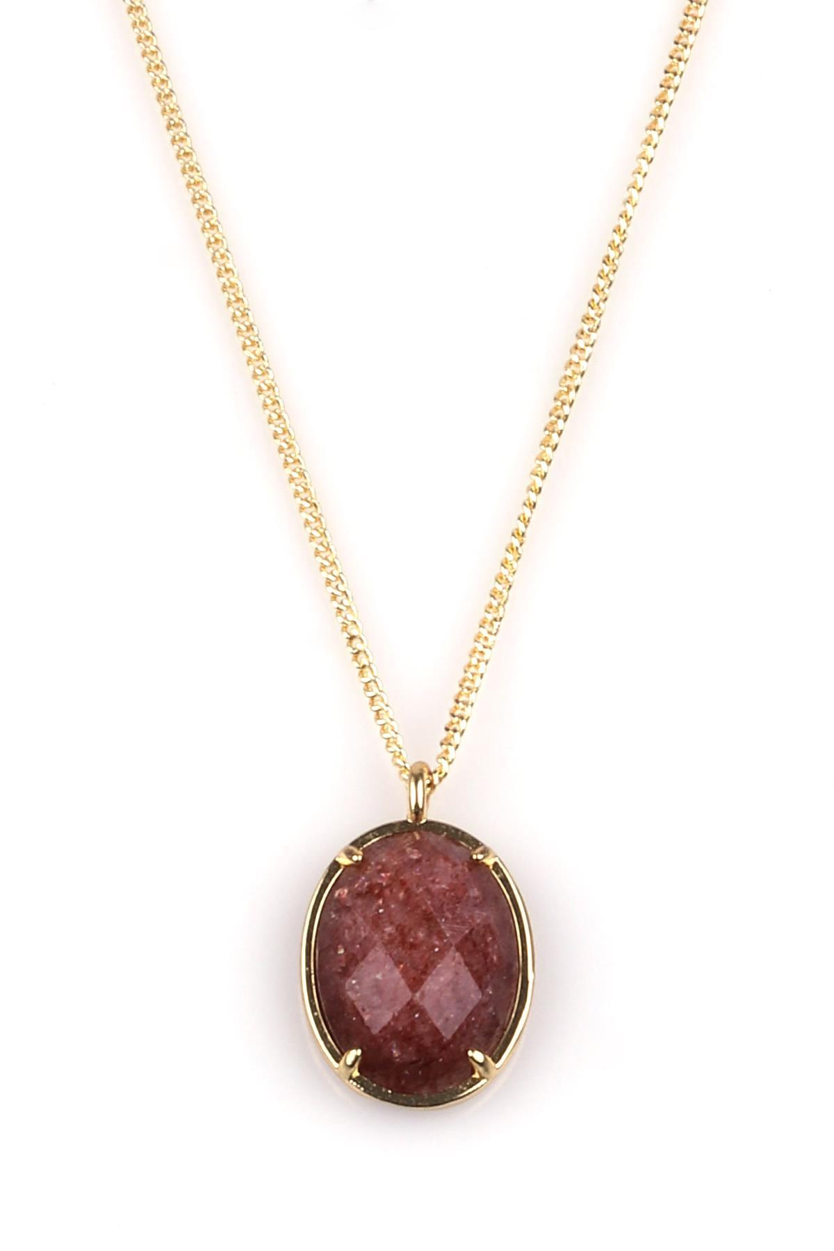 Çilek Kuvars Doğal Taş Gold Renkli Kolye