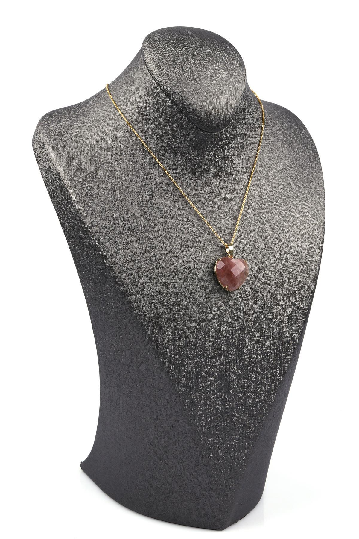 Çilek Kuvars Doğal Taş Gold Renkli Kolye