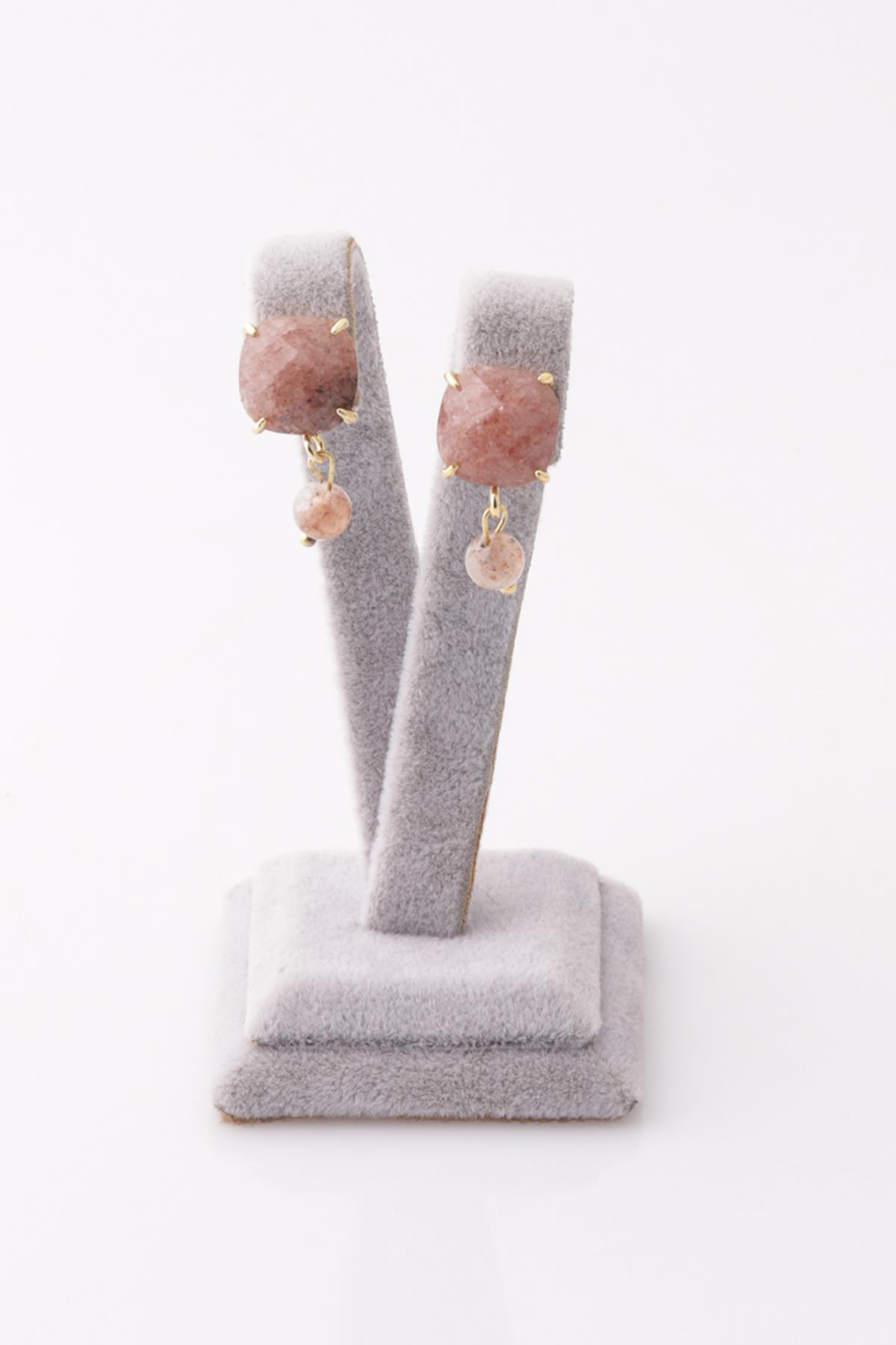 Çilek Kuvars Doğal Taş Gold Renkli Küpe