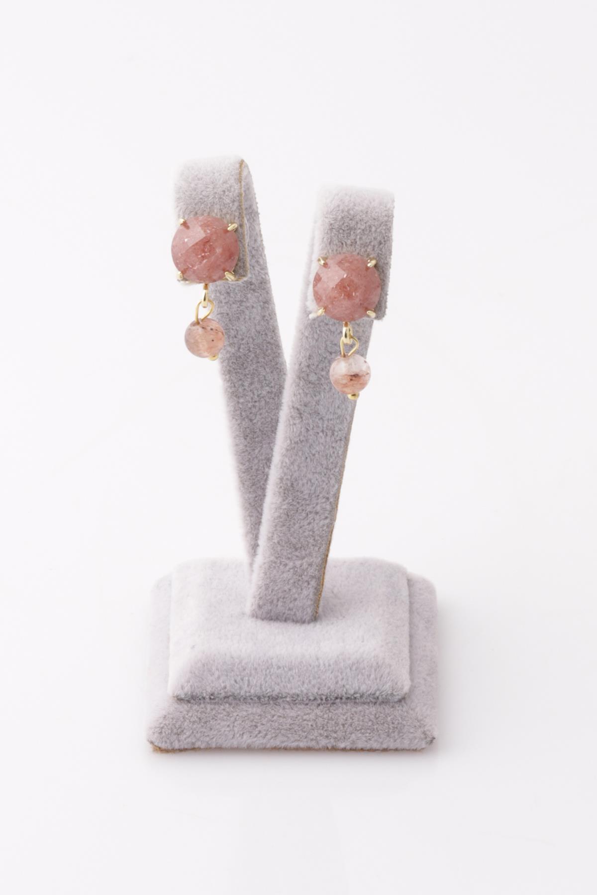 Çilek Kuvars Doğal Taş Gold Renkli Küpe