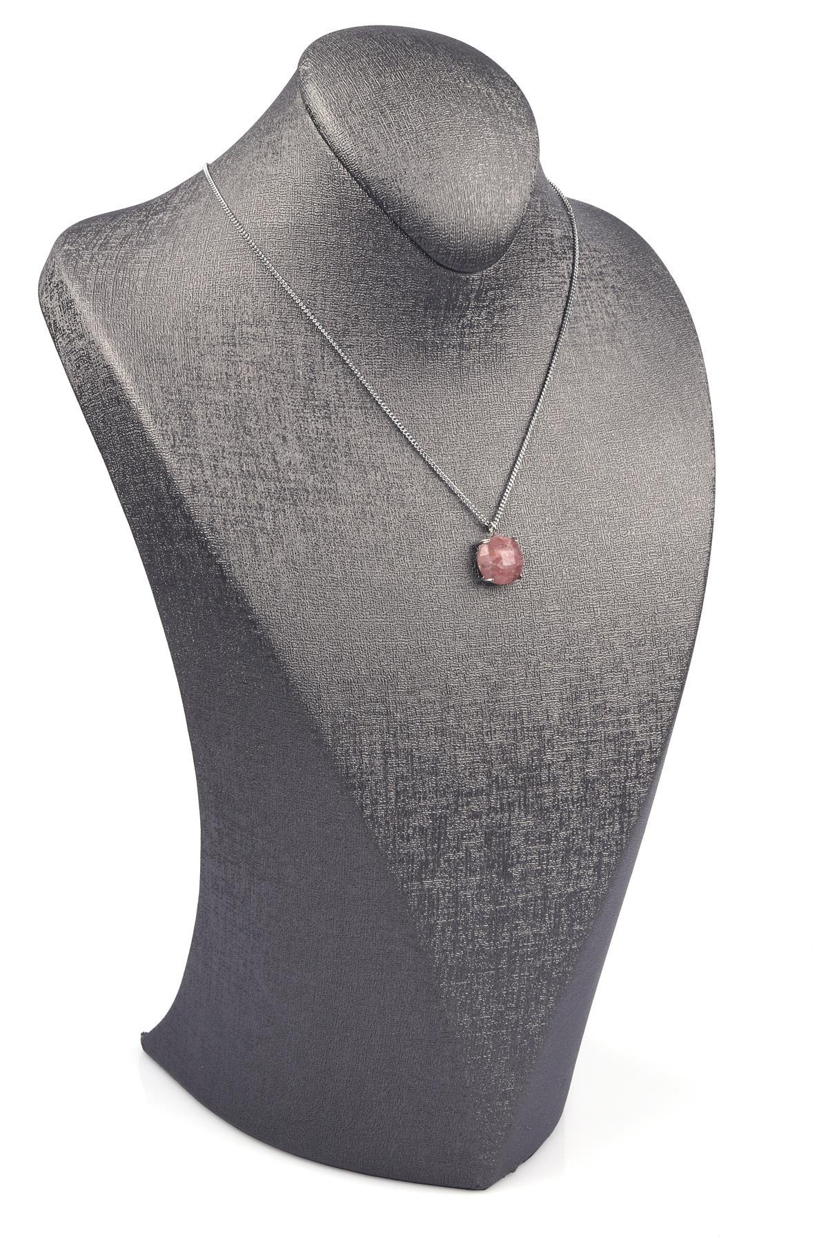 Çilek Kuvars Doğal Taş Gümüş Renkli Kolye