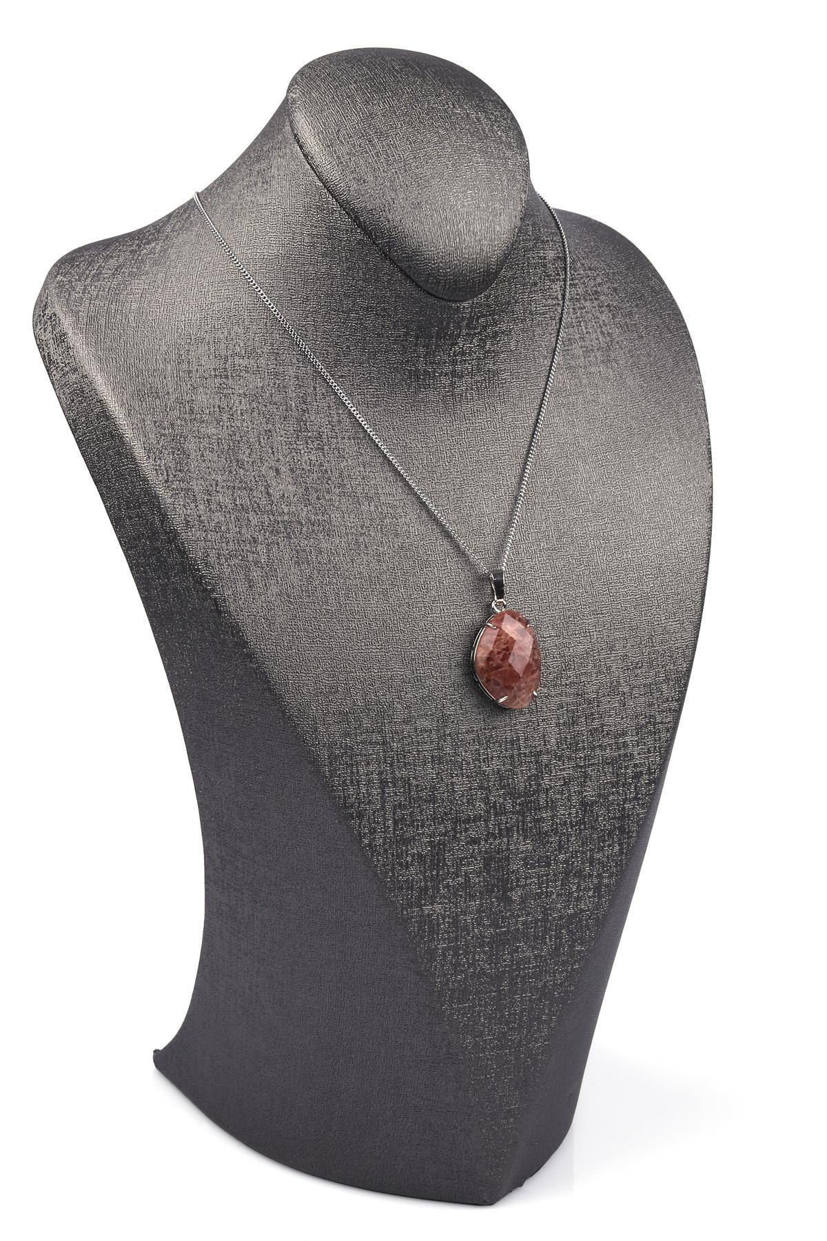 Çilek Kuvars Doğal Taş Gümüş Renkli Kolye