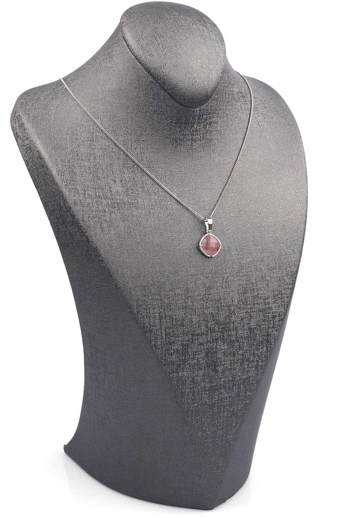 Çilek Kuvars Doğal Taş Gümüş Renkli Kolye