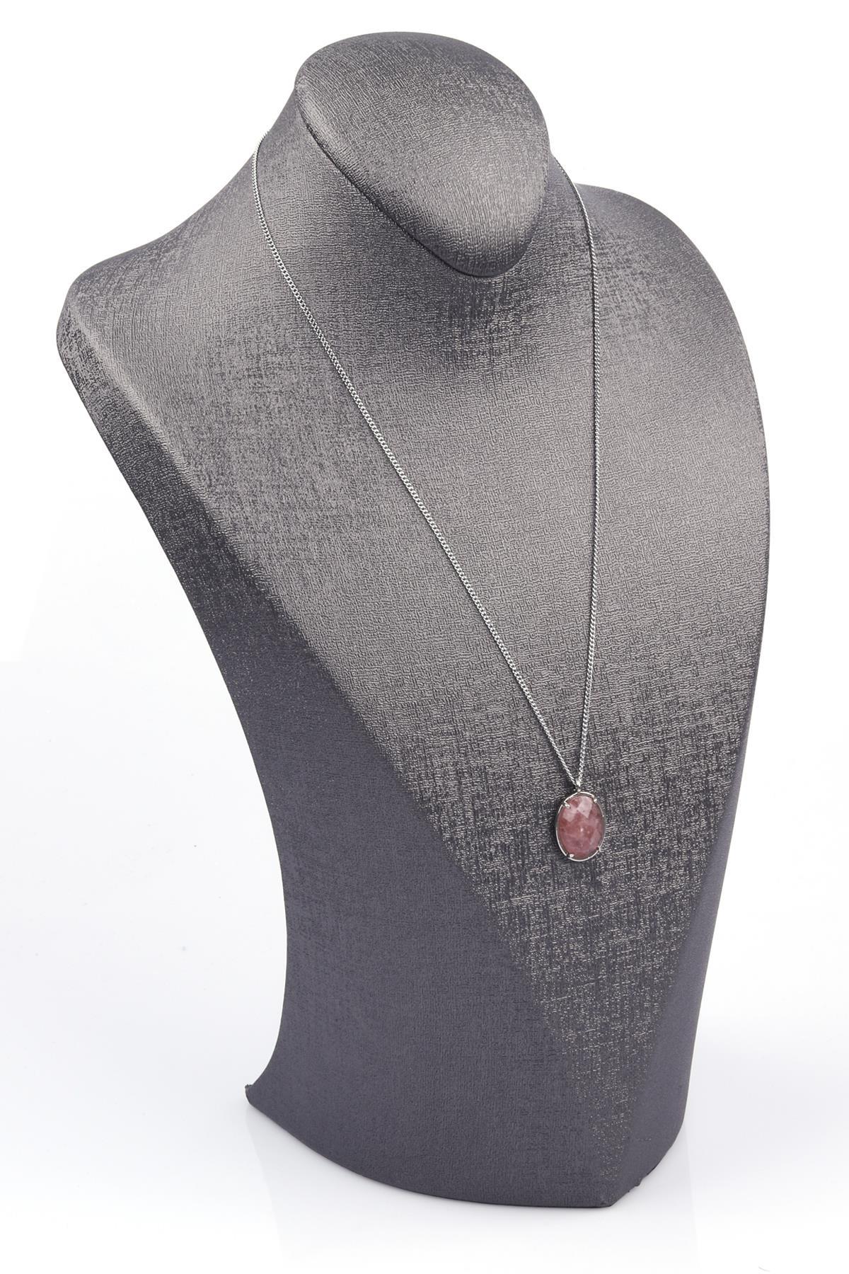 Çilek Kuvars Doğal Taş Gümüş Renkli Kolye