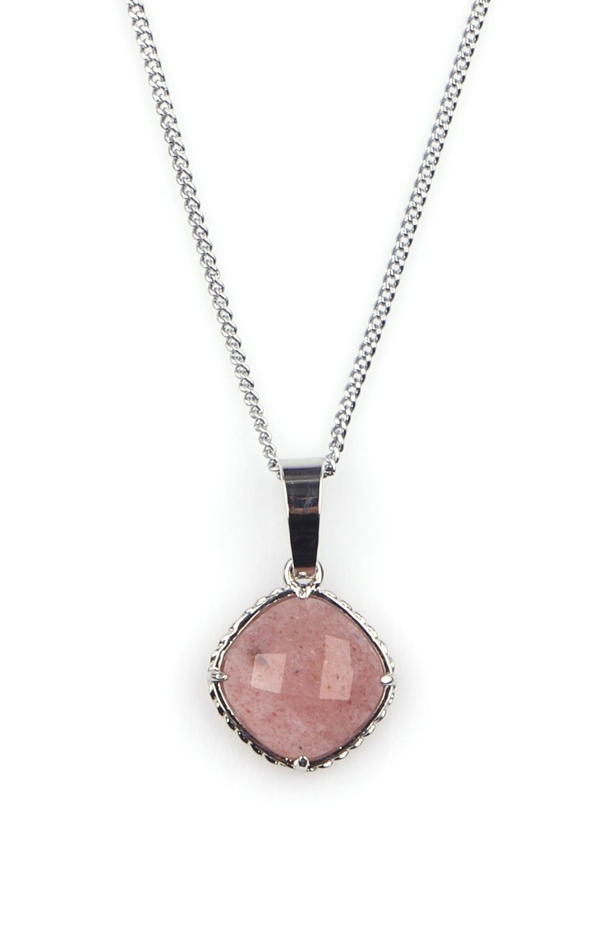 Çilek Kuvars Doğal Taş Gümüş Renkli Kolye
