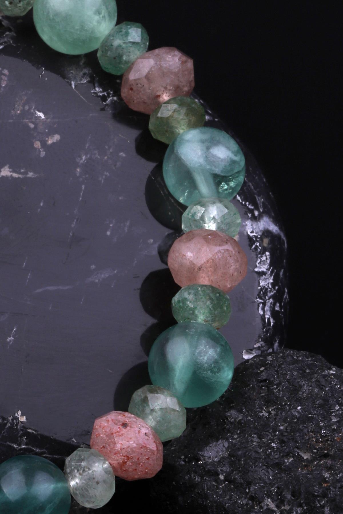 Çilek Kuvars - Florit - Yeşil Kuvars Doğal Taş Tasarım Bileklik 