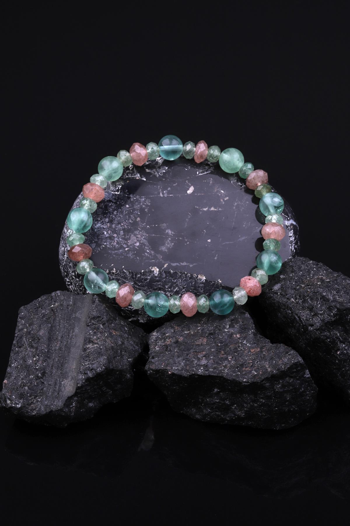 Çilek Kuvars - Florit - Yeşil Kuvars Doğal Taş Tasarım Bileklik 