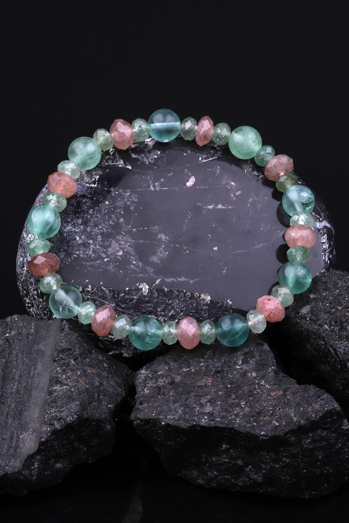 Çilek Kuvars - Florit - Yeşil Kuvars Doğal Taş Tasarım Bileklik 