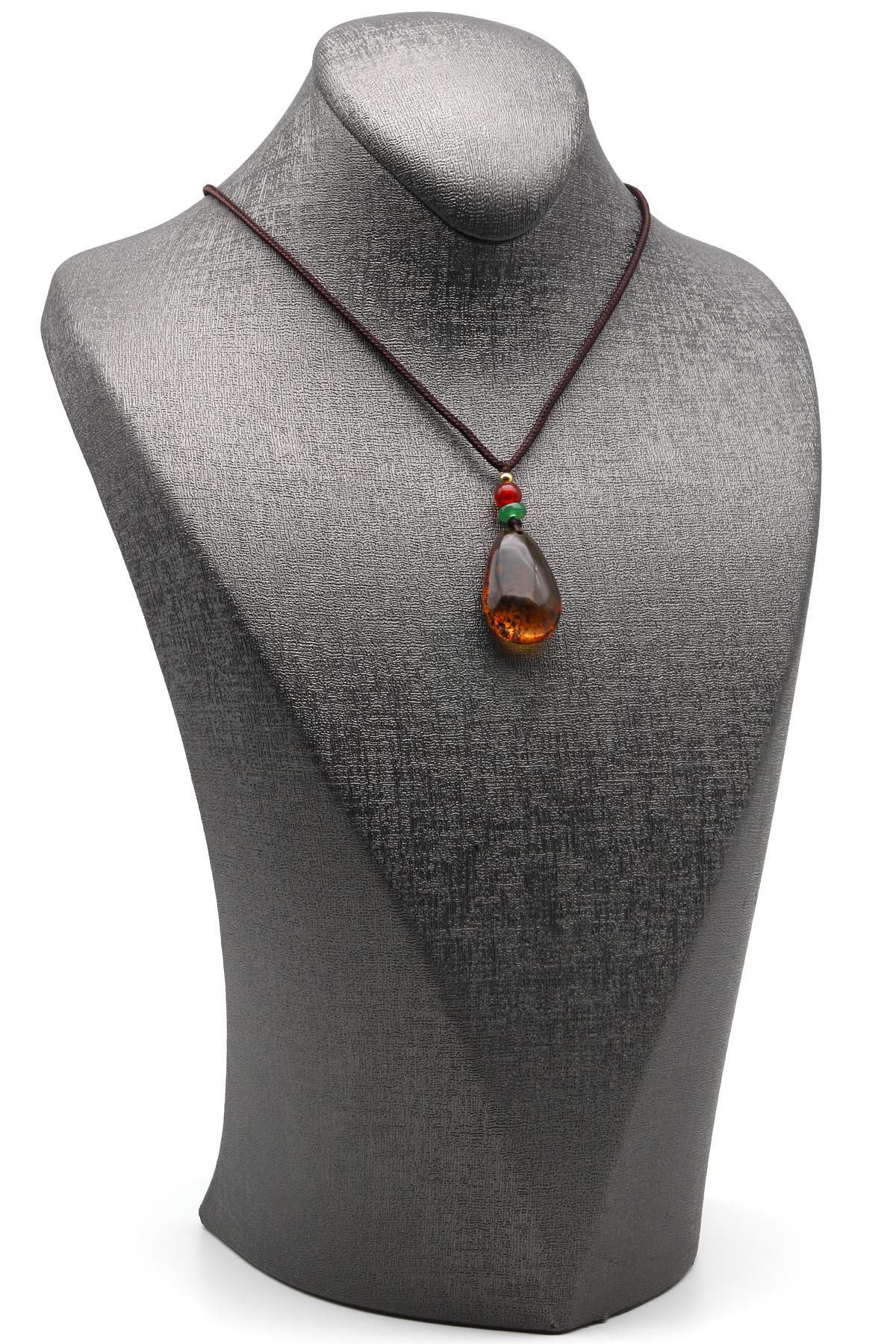 Damla Kehribar Siyah İpli Kolye - KLY-1663