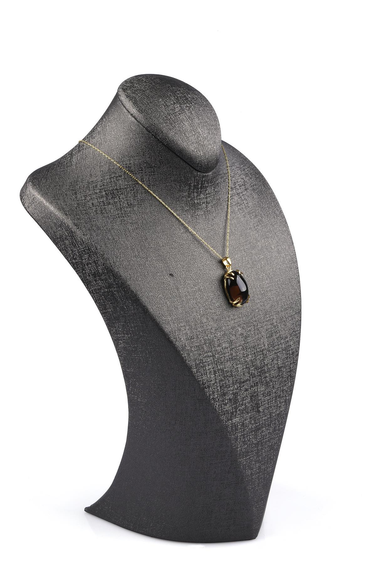 Dumanlı Kuvars Doğal Taş 925 Ayar Gümüş Gold Renkli Kolye