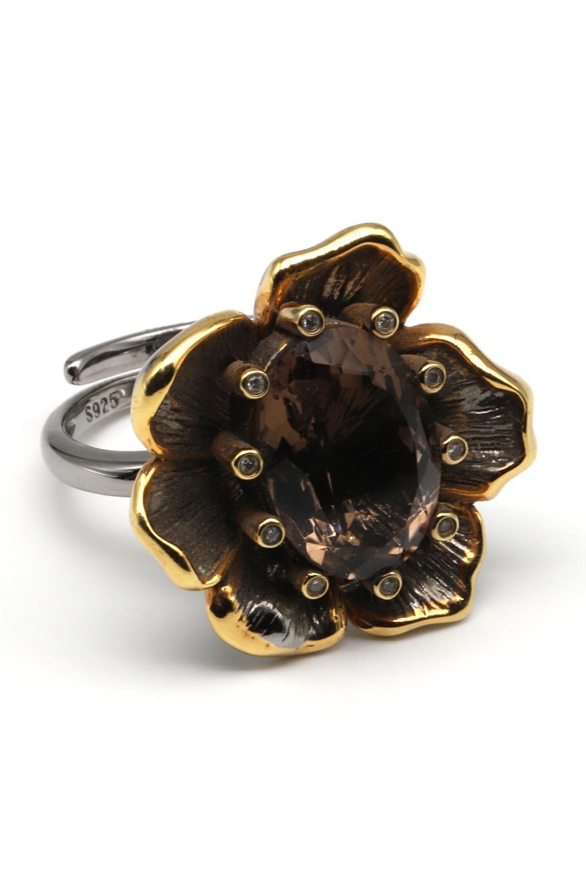 Dumanlı Kuvars Doğal Taş 925 Ayar Gümüş Ayarlanabilir Yüzük