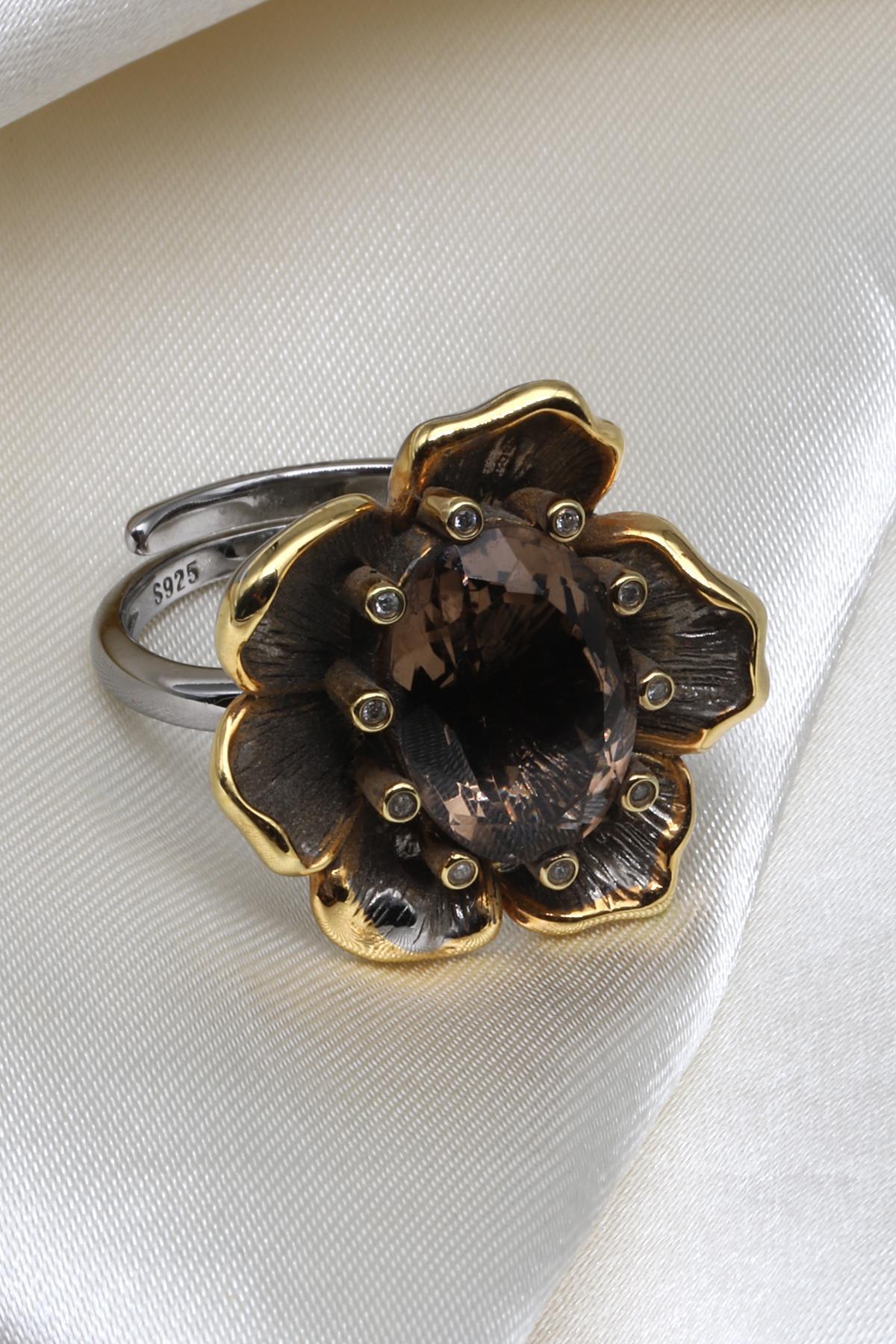 Dumanlı Kuvars Doğal Taş 925 Ayar Gümüş Ayarlanabilir Yüzük