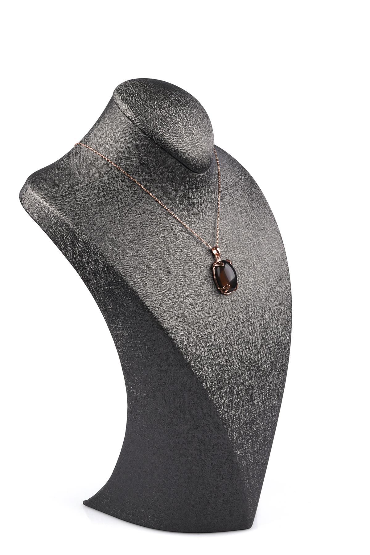 Dumanlı Kuvars Doğal Taş 925 Ayar Gümüş Rose Renkli Kolye