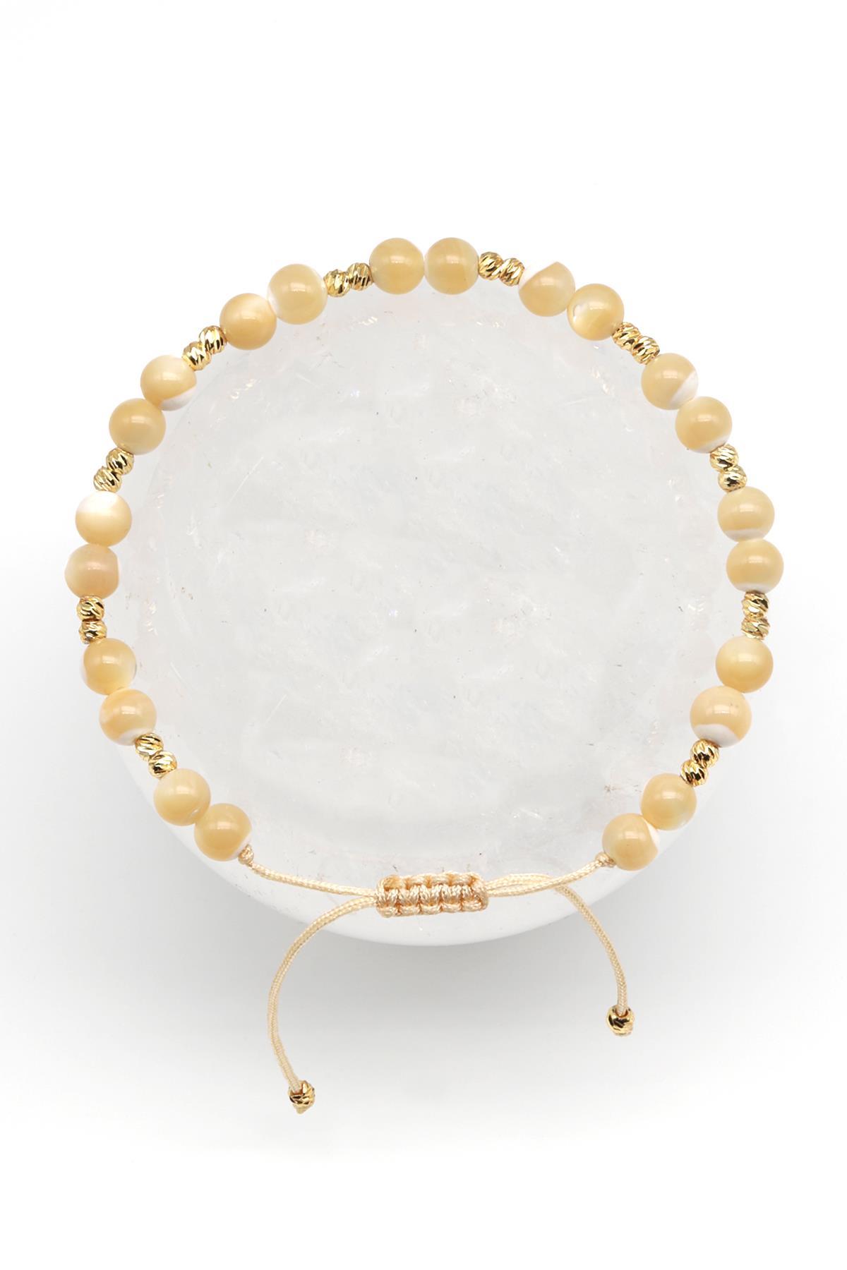 Esmer Sedef Doğal Taş Makrome Örme Bileklik Küre Kesim