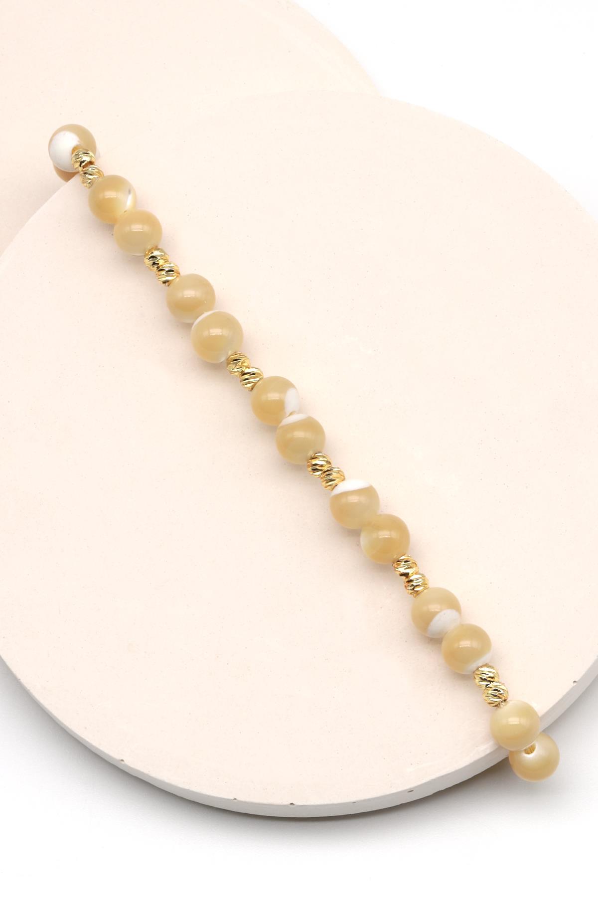 Esmer Sedef Doğal Taş Makrome Örme Bileklik Küre Kesim