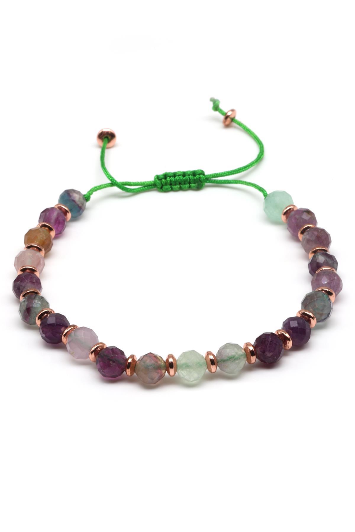 Florit Doğal Taş Makrome Örme Bileklik Fasetli Küre Kesim