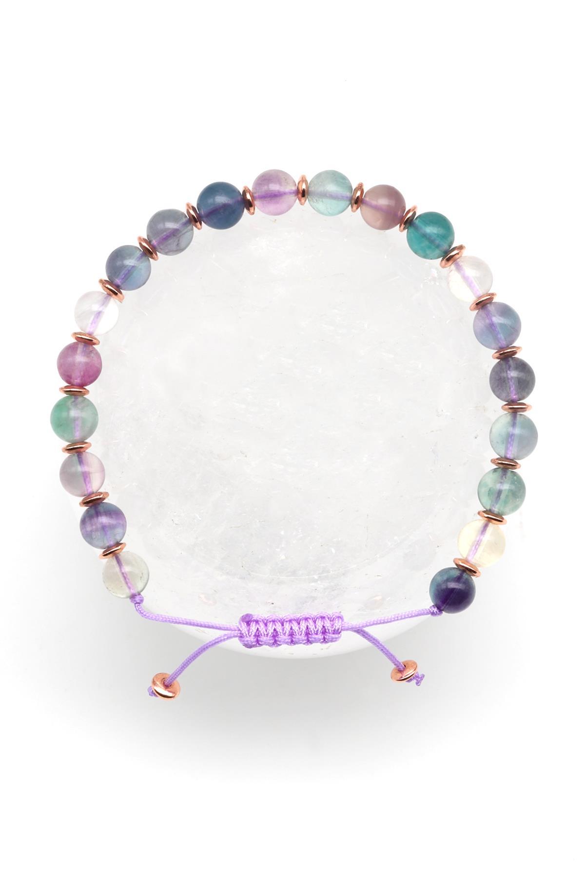 Florit Doğal Taş Makrome Örme Bileklik Küre Kesim