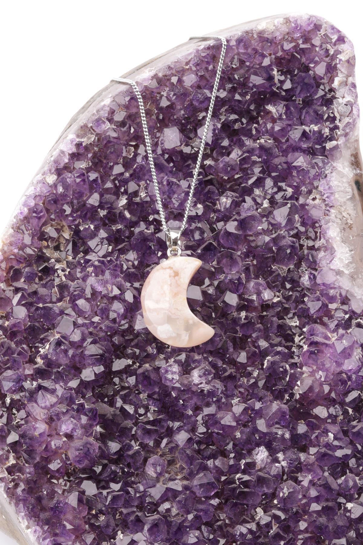 Flower Agate Doğal Taş Ay Model Kolye