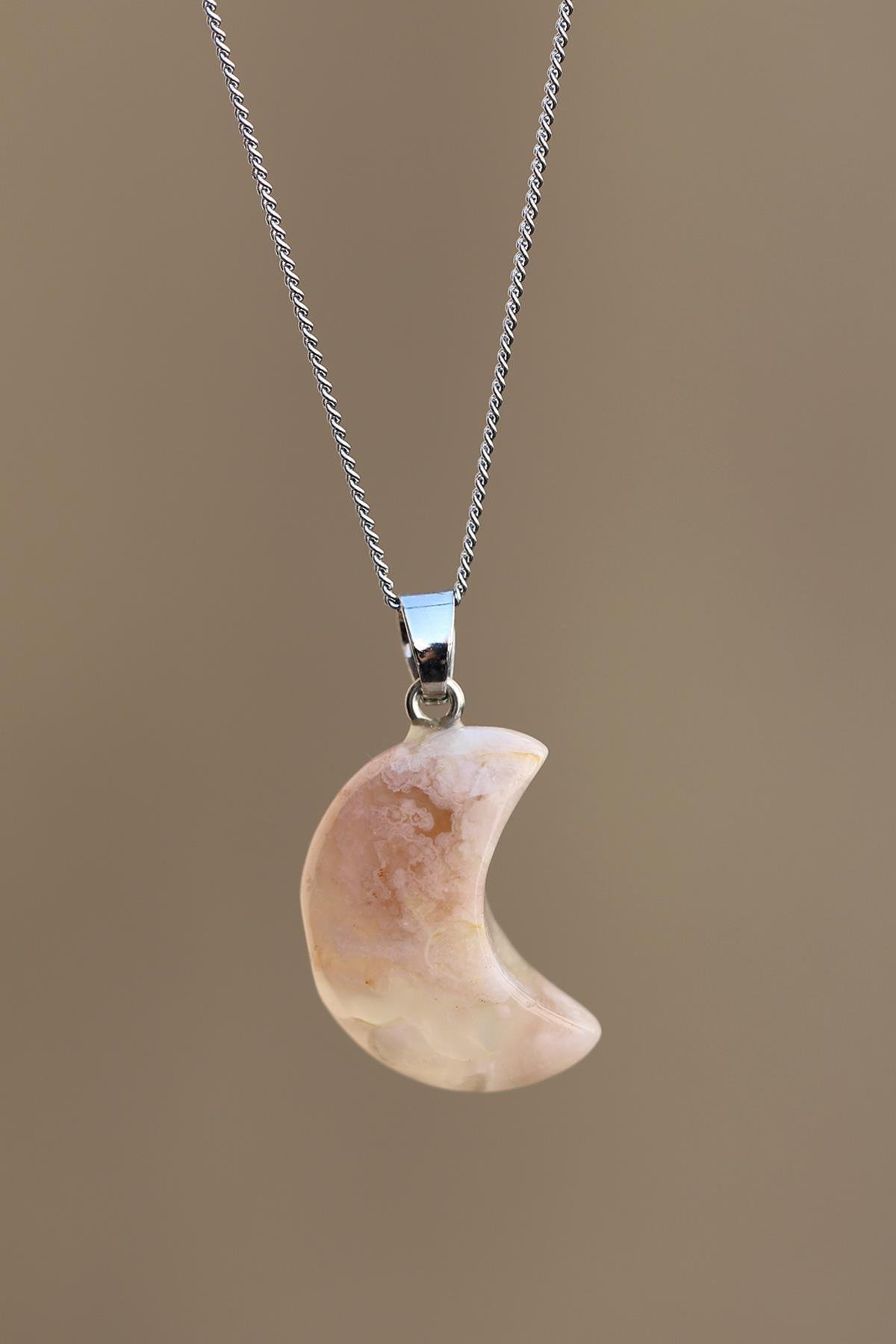 Flower Agate Doğal Taş Ay Model Kolye