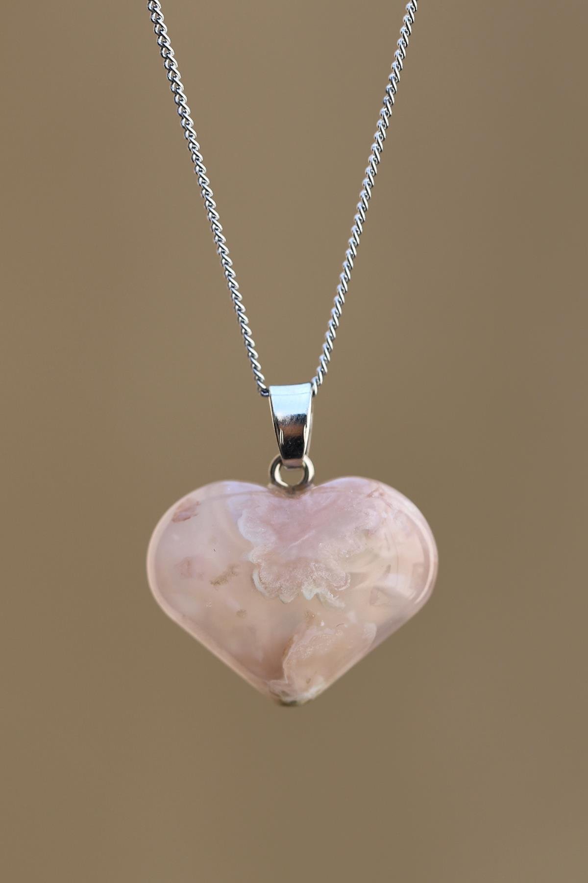 Flower Agate Doğal Taş Kalp Model Kolye