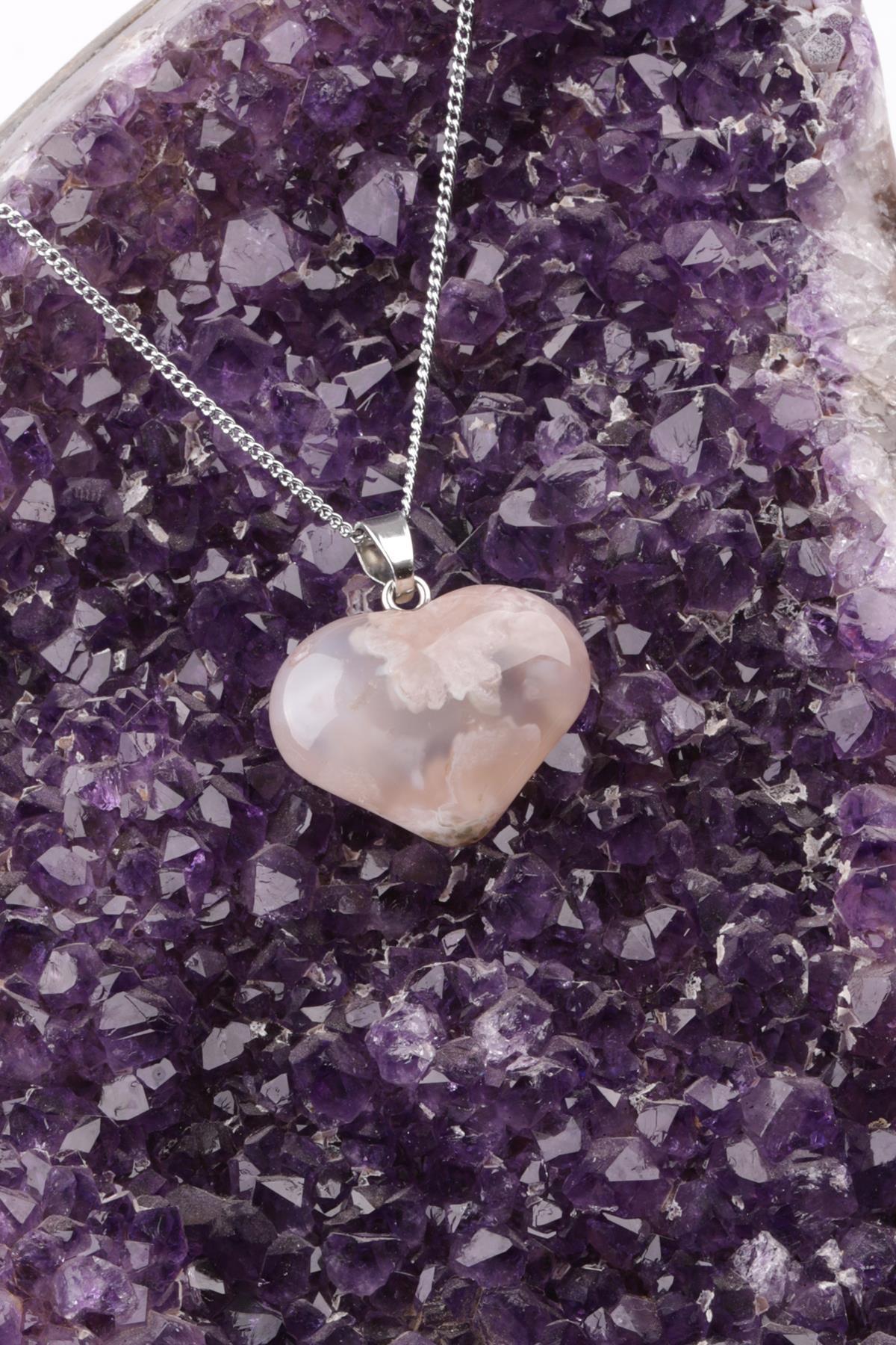 Flower Agate Doğal Taş Kalp Model Kolye