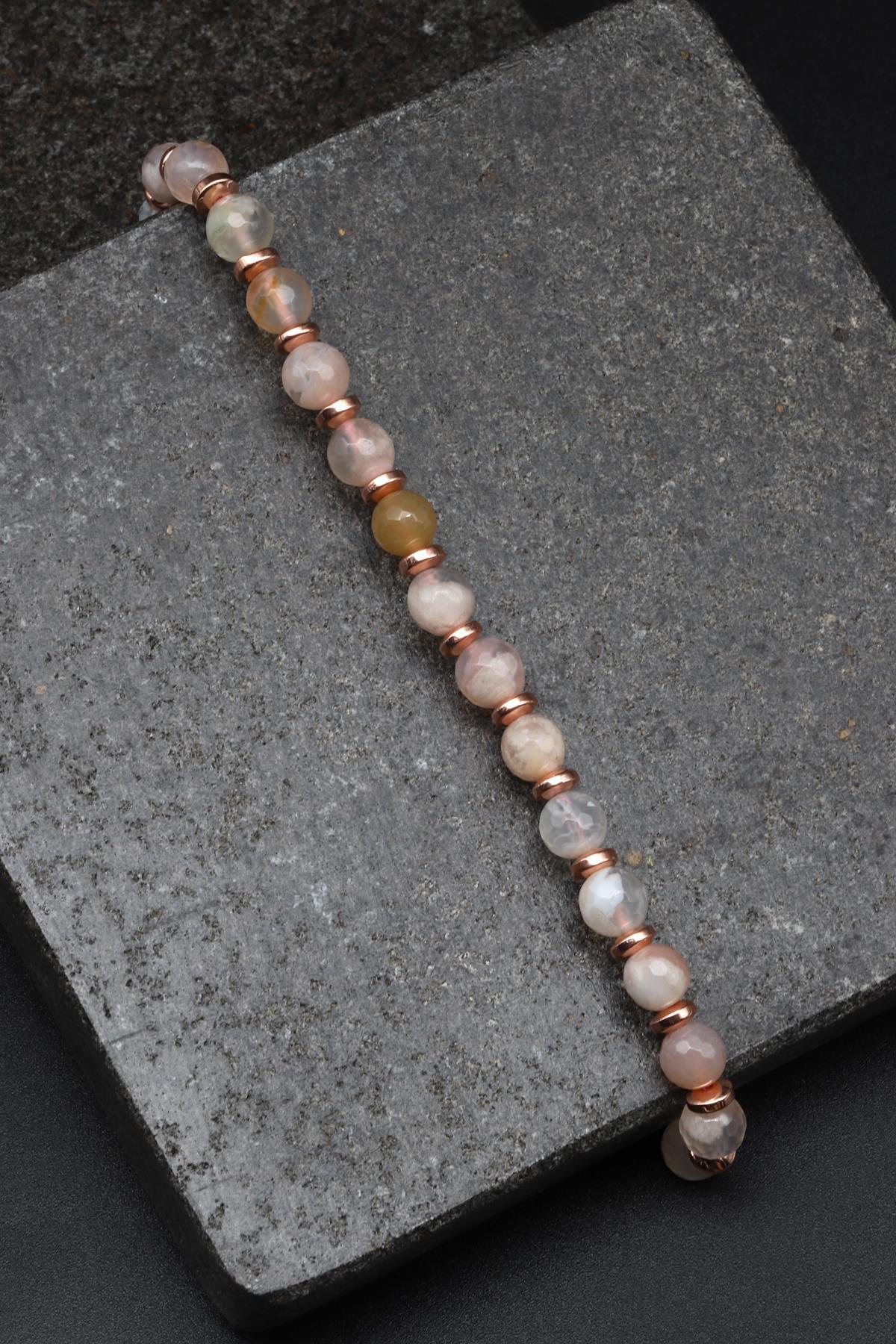 Flower Agate Doğal Taş Makrome Örme Bileklik Fastli Küre Kesim