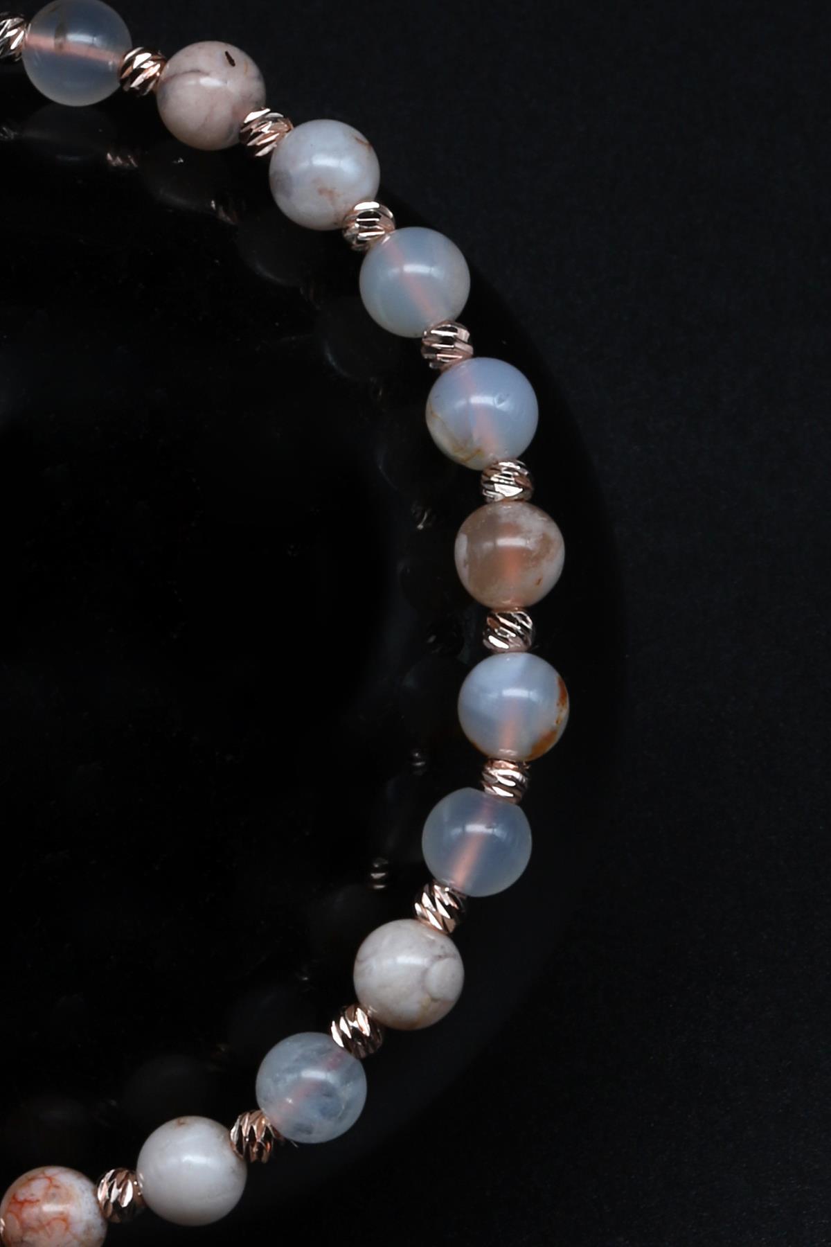 Flower Agate Doğal Taş Makrome Örme Bileklik Küre Kesim