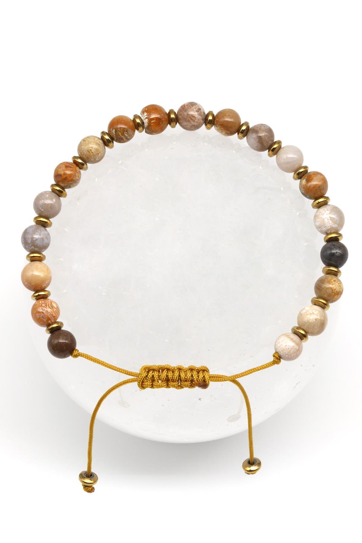 Fosil Mercan Doğal Taş Makrome Örme Bileklik Küre Kesim