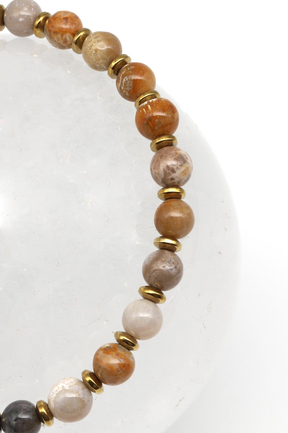 Fosil Mercan Doğal Taş Makrome Örme Bileklik Küre Kesim