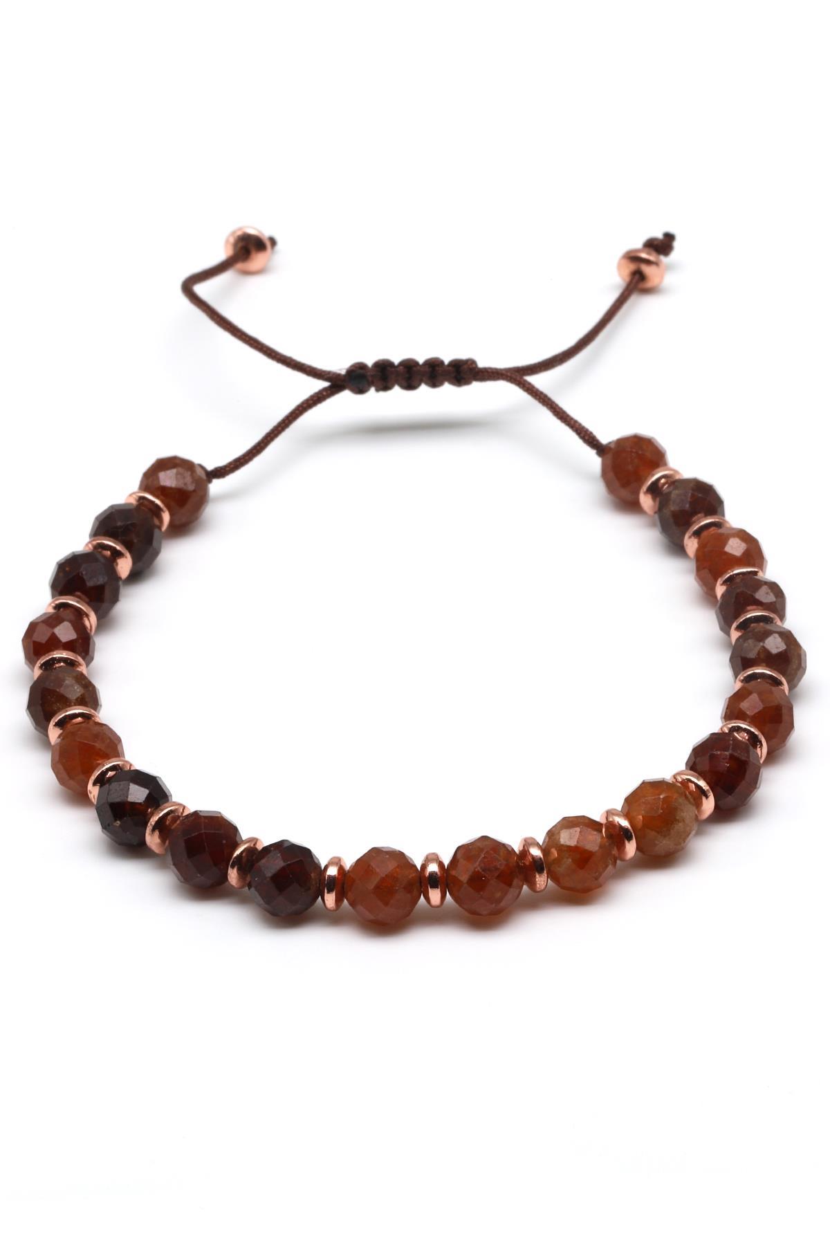 Garnet Doğal Taş Makrome Örme Bileklik Fasetli Küre Kesim