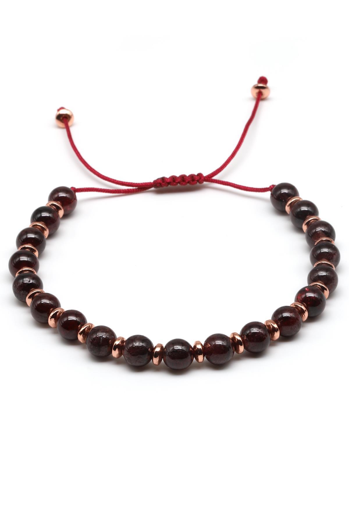 Garnet Doğal Taş Makrome Örme Bileklik Küre Kesim