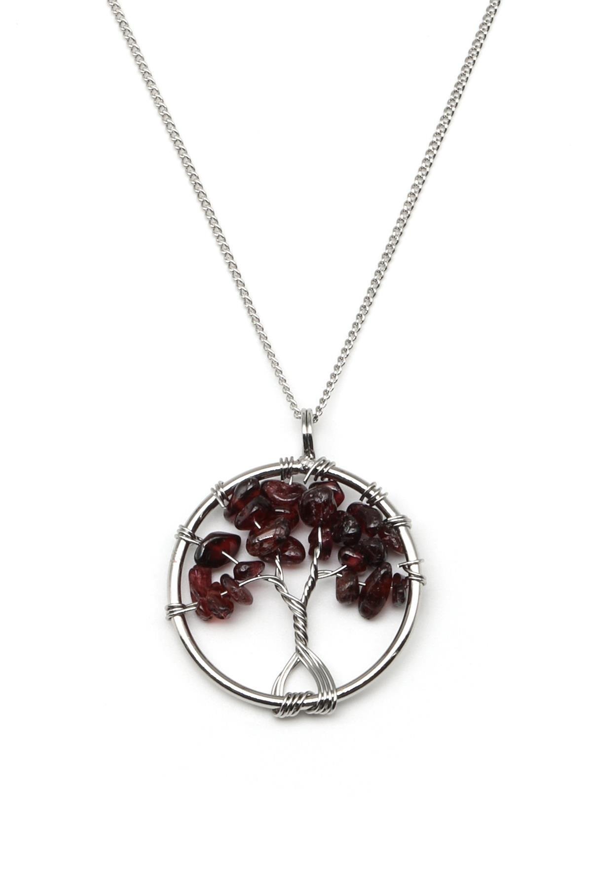 Garnet Doğal Taş Tel Sarmalı Hayat Ağacı Kolye