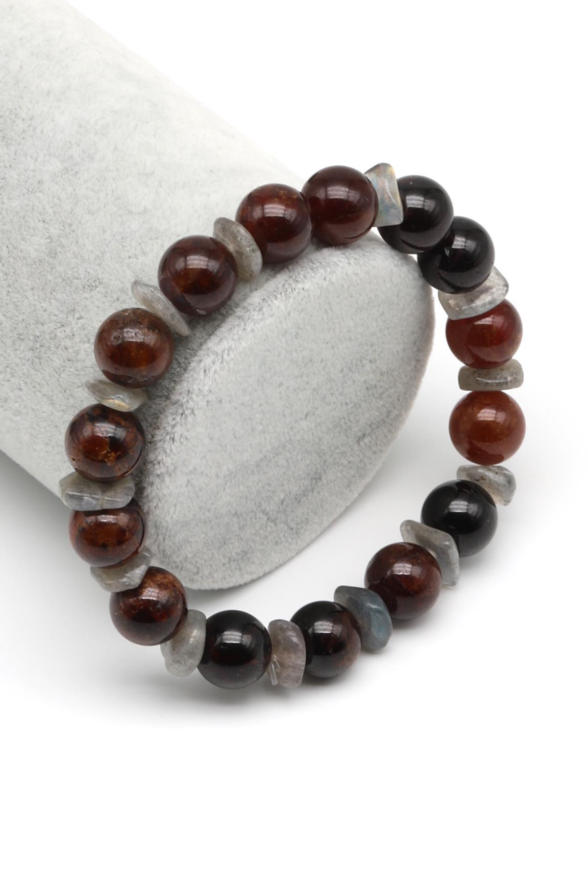 Garnet-Labradorit Doğal Taş Tasarım Bileklik 10 mm Küre Kesim