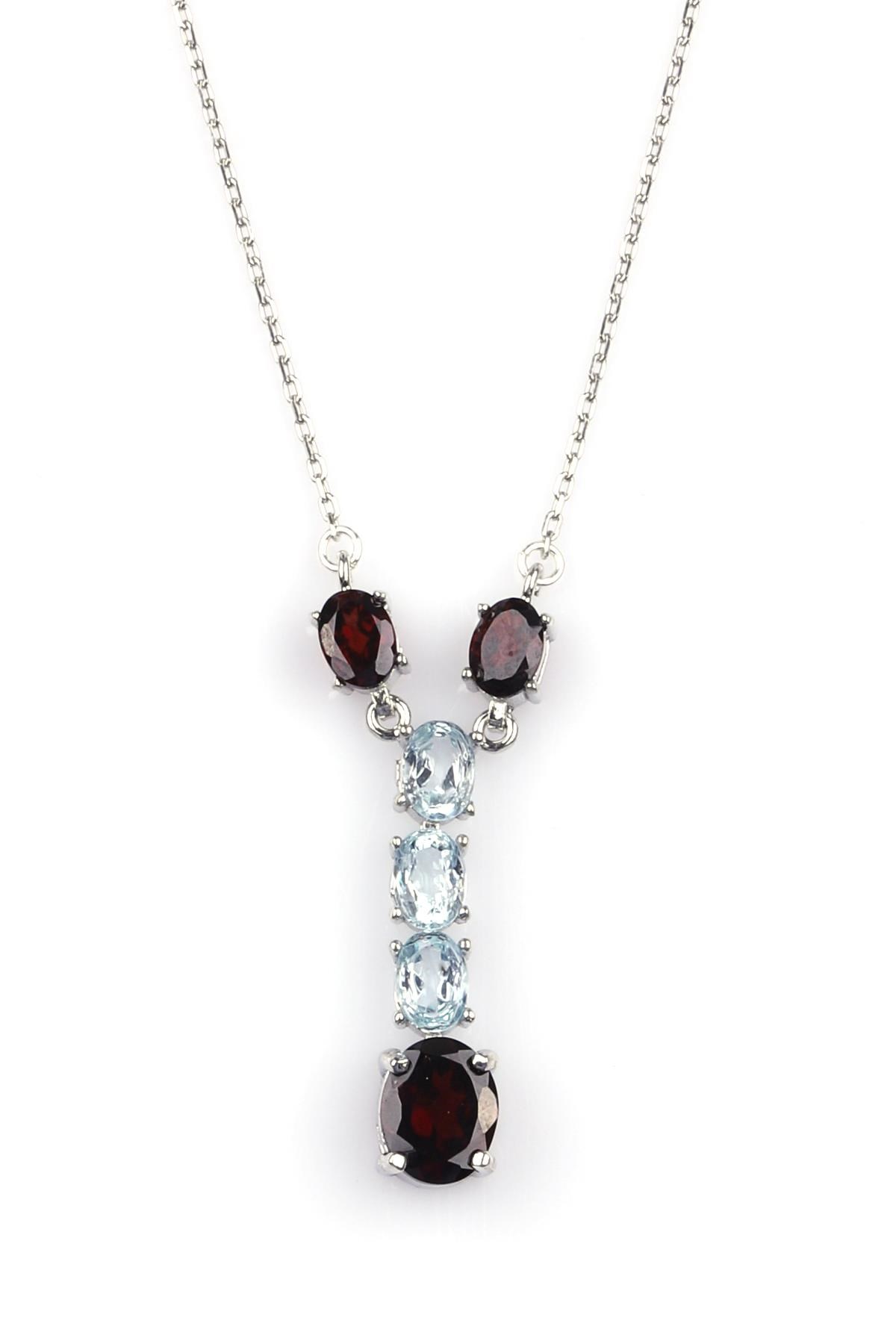 Garnet-Lal - Akuamarin Doğal Taş 925 Ayar Gümüş Kolye