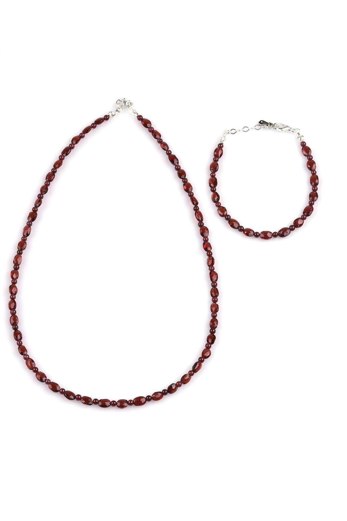 Garnet-Lal Doğal Taş Kolye - Bileklik 2'li Set