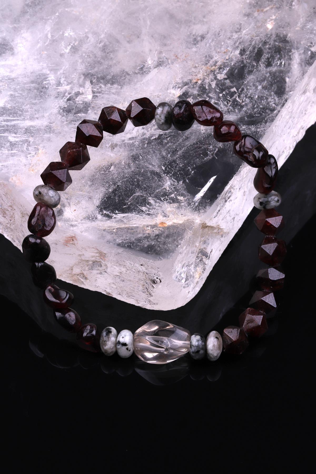 Garnet Lal - Jasper - Kristal Kuvars Doğal Taş Tasarım Bileklik