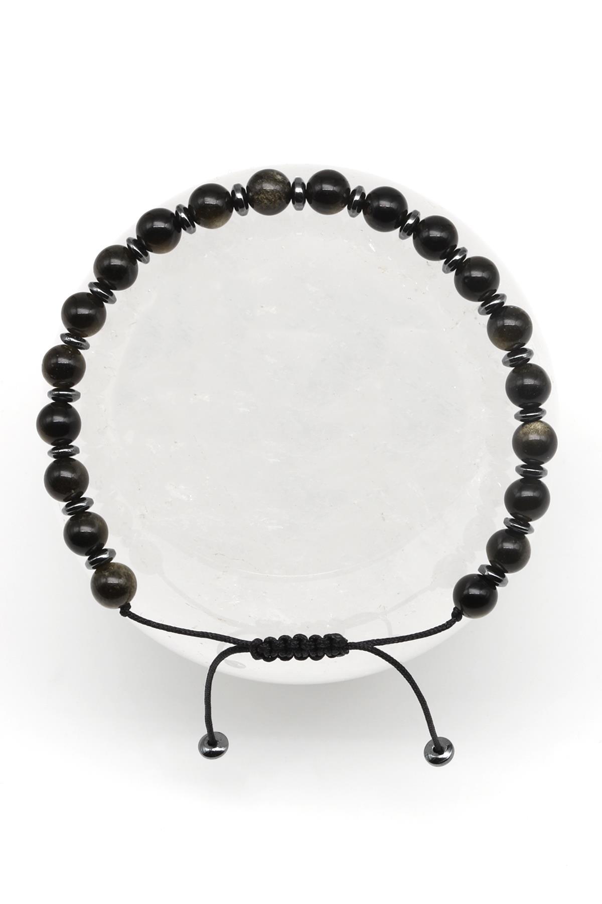 Golden Obsidyen Doğal Taş Makrome Örme Bileklik Küre Kesim